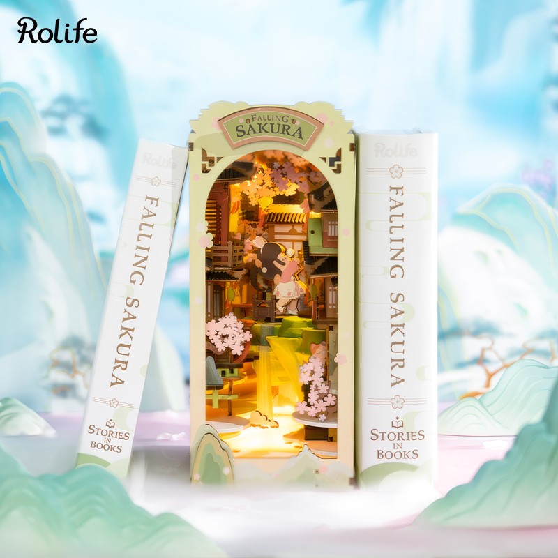 Rolife TGB05 Falling Sakura Kitap Köşesi Book Nook DIY Minyatür Maket Model Seti Mini Dollhouse 3D Model Kit Detaylı Dekoratif Hobi Seti 3D Puzzle Tiny House