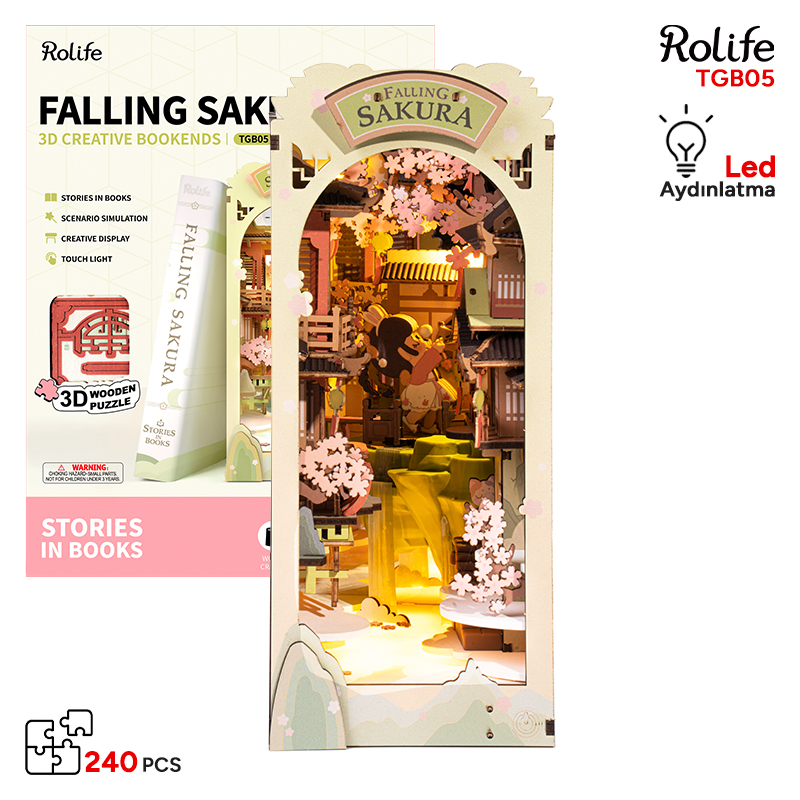 Rolife TGB05 Falling Sakura Kitap Köşesi Book Nook DIY Minyatür Maket Model Seti Mini Dollhouse 3D Model Kit Detaylı Dekoratif Hobi Seti 3D Puzzle Tiny House