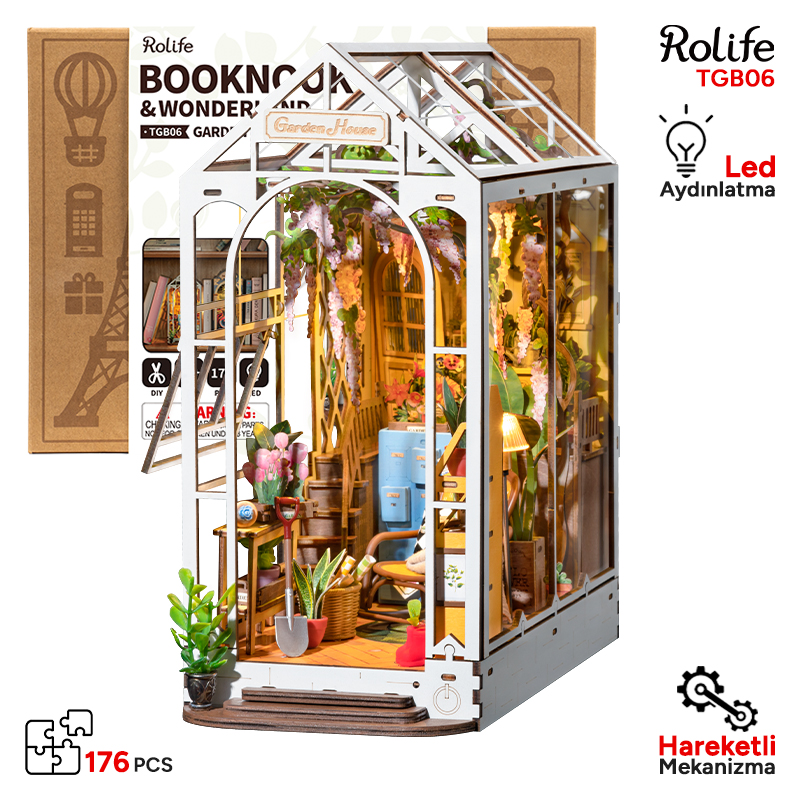 Rolife TGB06 Garden House Kitap Köşesi Book Nook DIY Minyatür Maket Model Seti Mini Dollhouse 3D Model Kit Detaylı Dekoratif Hobi Seti 3D Puzzle Tiny House