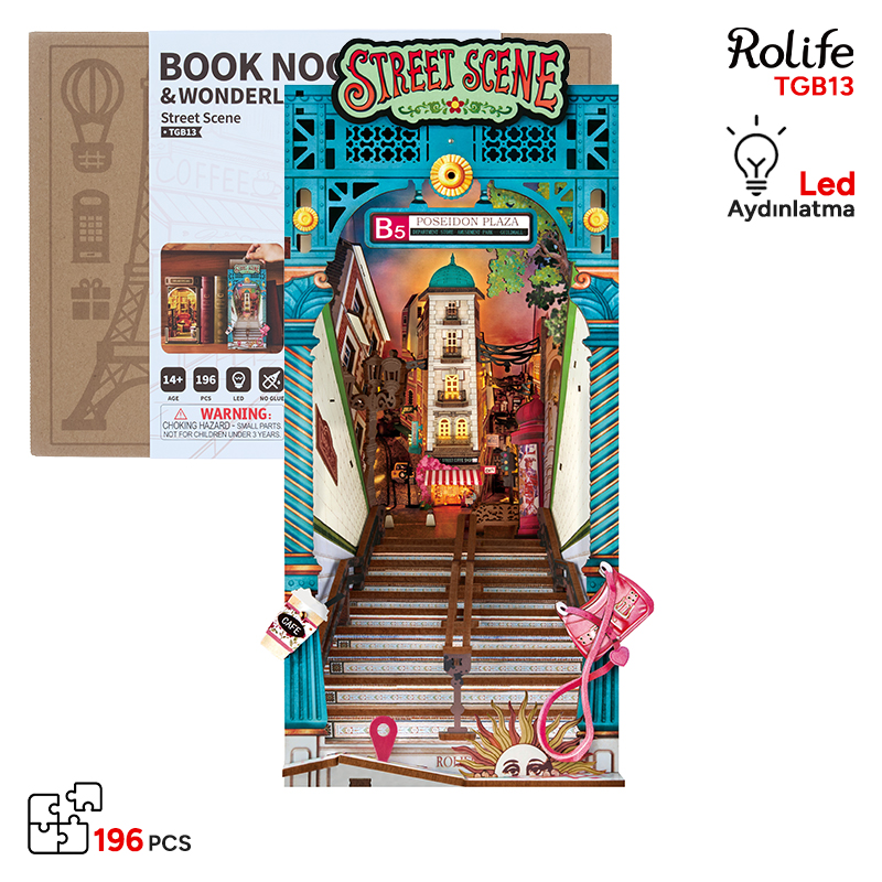 Rolife TGB13 Street Scene Kitap Köşesi Book Nook DIY Minyatür Maket Model Seti Mini Dollhouse 3D Model Kit Detaylı Dekoratif Hobi Seti 3D Puzzle Tiny House