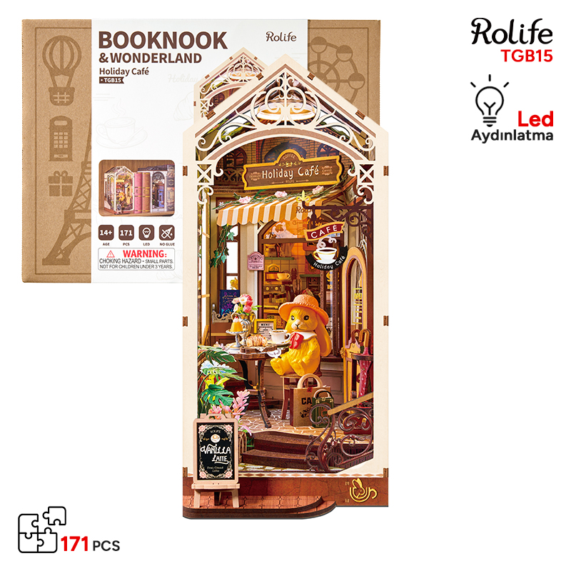 Rolife TGB15 Holiday Cafe Kitap Köşesi Book Nook DIY Minyatür Maket Model Seti Mini Dollhouse 3D Model Kit Detaylı Dekoratif Hobi Seti 3D Puzzle Tiny House