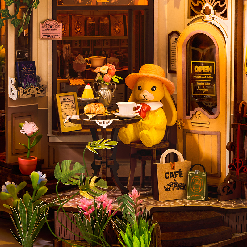 Rolife TGB15 Holiday Cafe Kitap Köşesi Book Nook DIY Minyatür Maket Model Seti Mini Dollhouse 3D Model Kit Detaylı Dekoratif Hobi Seti 3D Puzzle Tiny House