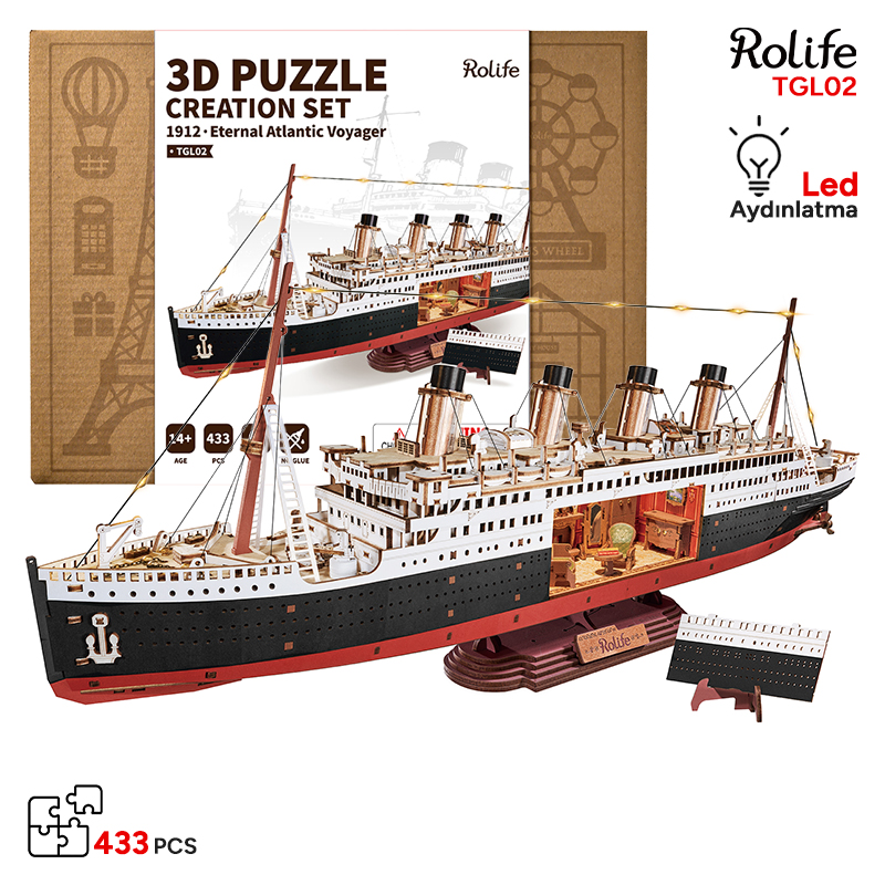 Rolife TGL02 Gemi (1912 Eternal Atlantic Voyager)DIY Minyatür Maket ModelSeti Ahşap 3D Wooden Puzzle 3D Model Kit Detaylı Dekoratif Hobi Seti Ahşap Maket