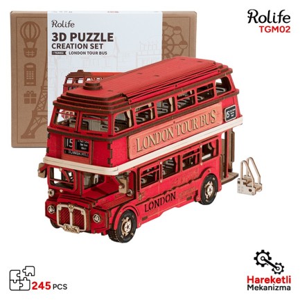Rolife - Rolife TGM02 Londra Tur Otobüsü London Tour Bus DIY Minyatür Maket Model Seti Ahşap 3D Wooden Puzzle 3D Model Kit Detaylı Dekoratif Hobi Seti Ahşap Maket
