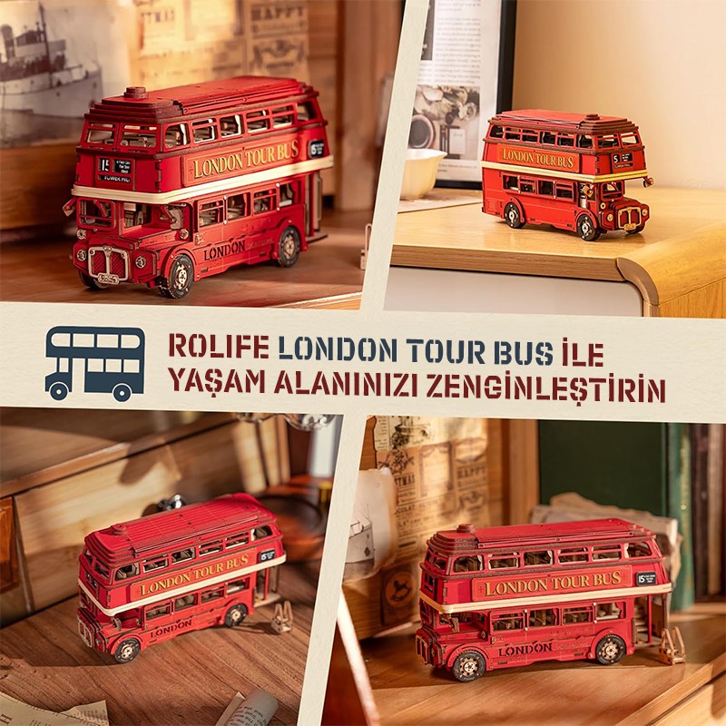 Rolife TGM02 Londra Tur Otobüsü London Tour Bus DIY Minyatür Maket Model Seti Ahşap 3D Wooden Puzzle 3D Model Kit Detaylı Dekoratif Hobi Seti Ahşap Maket