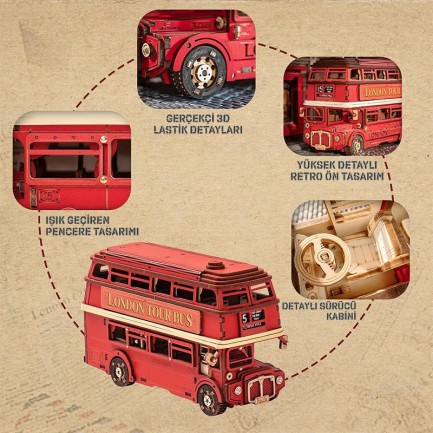 Rolife TGM02 Londra Tur Otobüsü London Tour Bus DIY Minyatür Maket Model Seti Ahşap 3D Wooden Puzzle 3D Model Kit Detaylı Dekoratif Hobi Seti Ahşap Maket - Thumbnail