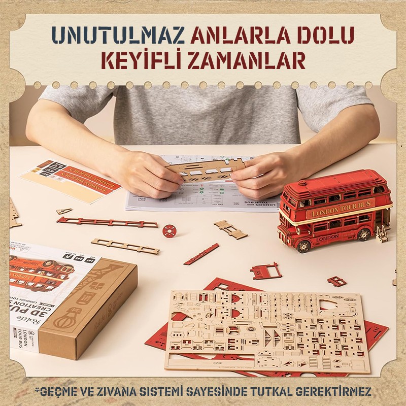 Rolife TGM02 Londra Tur Otobüsü London Tour Bus DIY Minyatür Maket Model Seti Ahşap 3D Wooden Puzzle 3D Model Kit Detaylı Dekoratif Hobi Seti Ahşap Maket