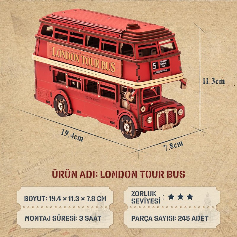 Rolife TGM02 Londra Tur Otobüsü London Tour Bus DIY Minyatür Maket Model Seti Ahşap 3D Wooden Puzzle 3D Model Kit Detaylı Dekoratif Hobi Seti Ahşap Maket