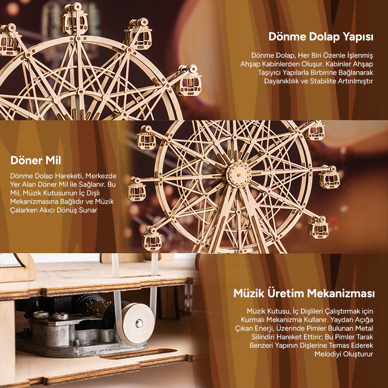 Rolife TGN01 Dönme Dolap Görünümlü Müzik Kutusu (Music Box Ferris Wheel) DIY Minyatür Maket Model Seti Ahşap 3D Wooden Puzzle 3D Model Kit Detaylı Dekoratif Hobi Seti Ahşap Maket