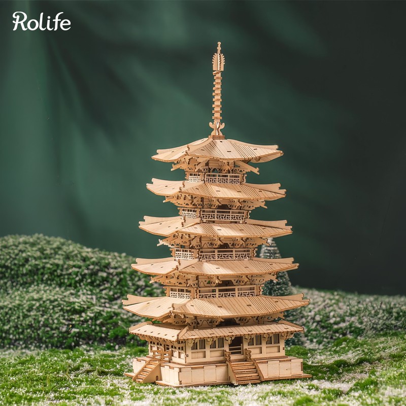 Rolife TGN02 Çok Katlı Kule Five-Storied Pagoda DIY Minyatür Maket Model Seti Ahşap 3D Wooden Puzzle 3D Model Kit Detaylı Dekoratif Hobi Seti Ahşap Maket
