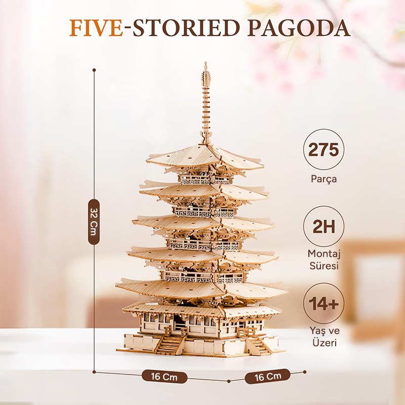 Rolife TGN02 Çok Katlı Kule Five-Storied Pagoda DIY Minyatür Maket Model Seti Ahşap 3D Wooden Puzzle 3D Model Kit Detaylı Dekoratif Hobi Seti Ahşap Maket