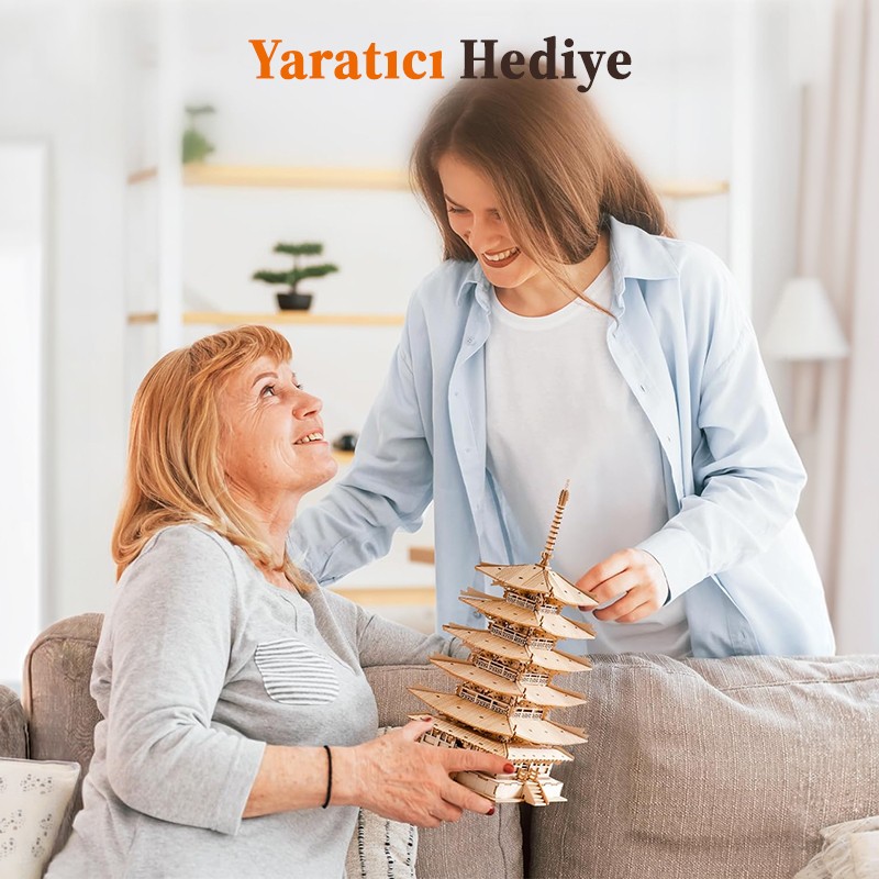 Rolife TGN02 Çok Katlı Kule Five-Storied Pagoda DIY Minyatür Maket Model Seti Ahşap 3D Wooden Puzzle 3D Model Kit Detaylı Dekoratif Hobi Seti Ahşap Maket