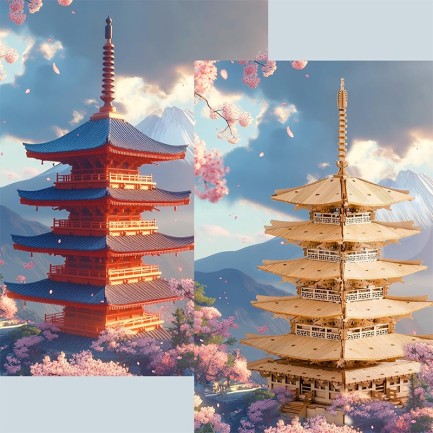Rolife TGN02 Çok Katlı Kule Five-Storied Pagoda DIY Minyatür Maket Model Seti Ahşap 3D Wooden Puzzle 3D Model Kit Detaylı Dekoratif Hobi Seti Ahşap Maket - Thumbnail