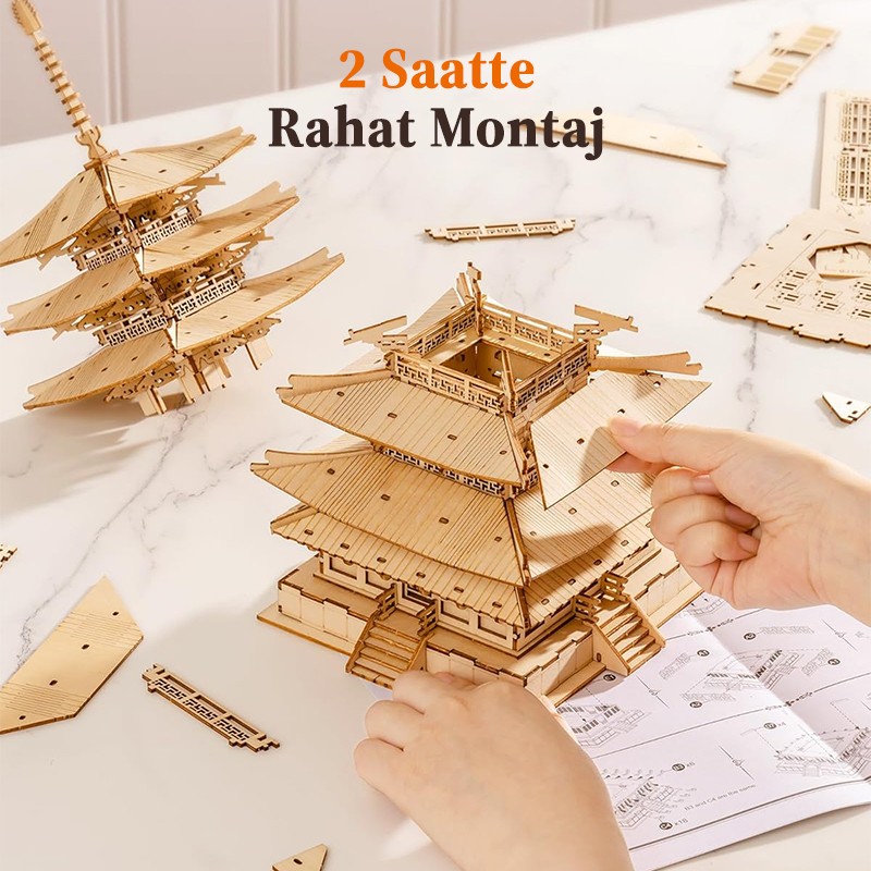 Rolife TGN02 Çok Katlı Kule Five-Storied Pagoda DIY Minyatür Maket Model Seti Ahşap 3D Wooden Puzzle 3D Model Kit Detaylı Dekoratif Hobi Seti Ahşap Maket