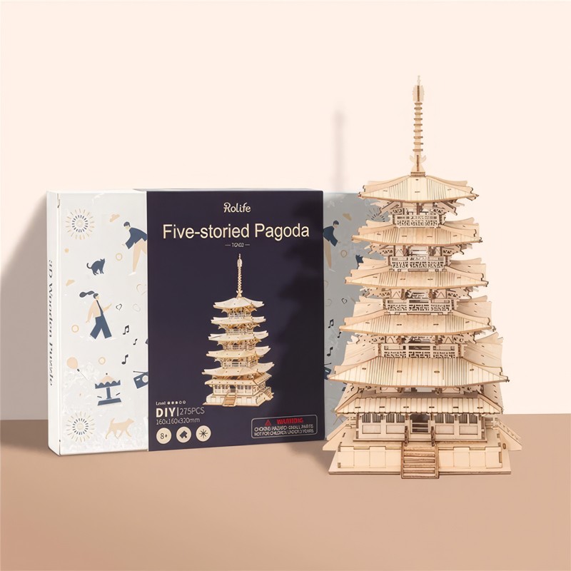Rolife TGN02 Çok Katlı Kule Five-Storied Pagoda DIY Minyatür Maket Model Seti Ahşap 3D Wooden Puzzle 3D Model Kit Detaylı Dekoratif Hobi Seti Ahşap Maket