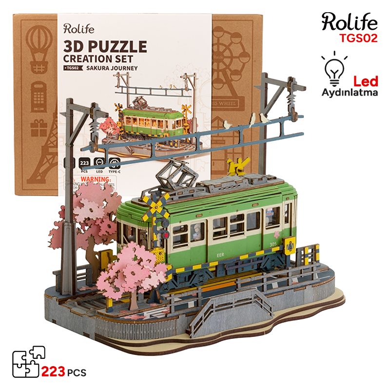 Rolife TGS02 Lokomotif Tren (Sakura Journey) DIY Minyatür Maket Model Seti Ahşap 3D Wooden Puzzle 3D Model Kit Detaylı Dekoratif Hobi Seti Ahşap Maket