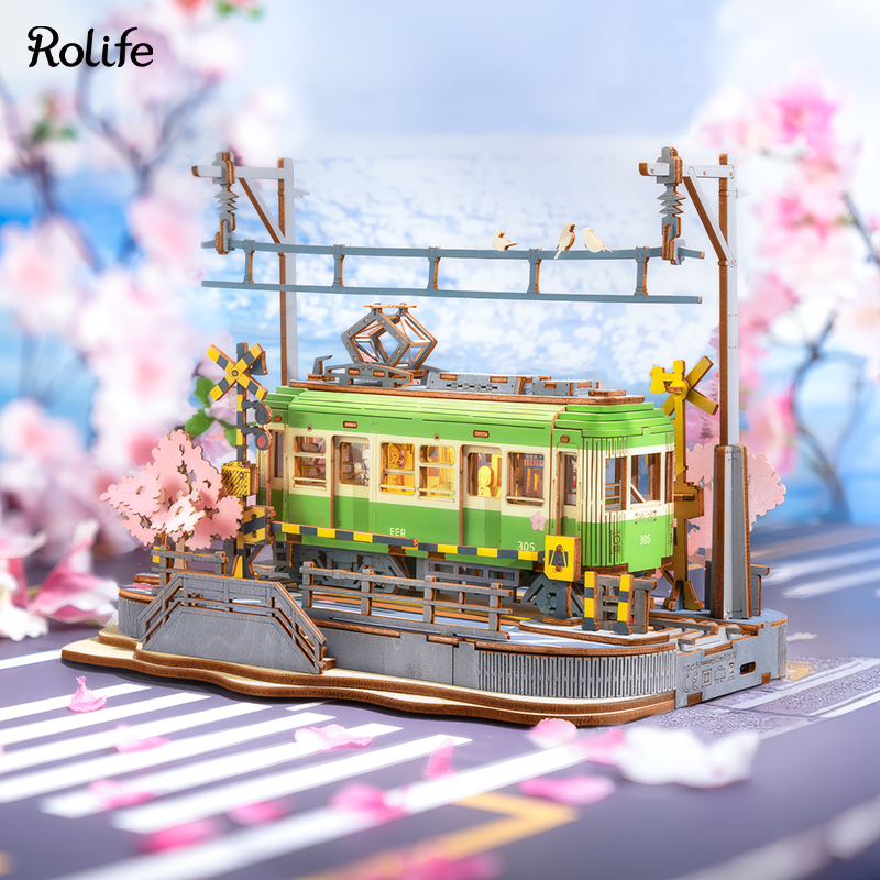Rolife TGS02 Lokomotif Tren (Sakura Journey) DIY Minyatür Maket Model Seti Ahşap 3D Wooden Puzzle 3D Model Kit Detaylı Dekoratif Hobi Seti Ahşap Maket