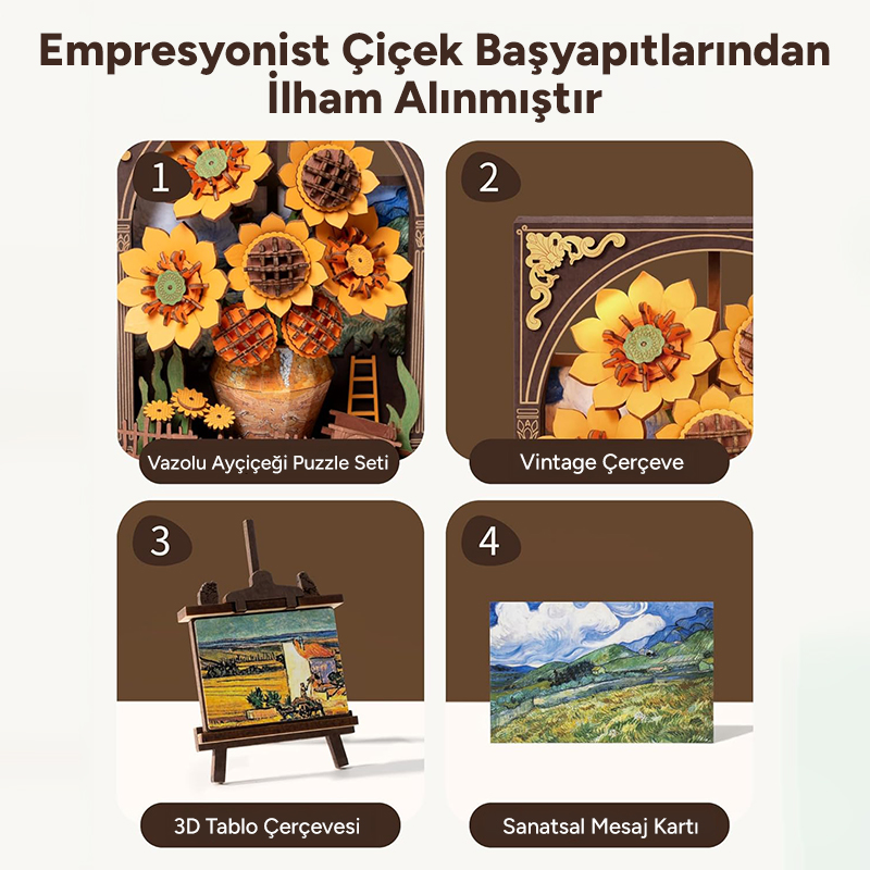 Rowood TH002 Ayçiçeği (Golden Sunflower) DIY Minyatür Maket Model Seti Ahşap 3D Wooden Puzzle 3D Model Kit Detaylı Dekoratif Hobi Seti Ahşap Maket