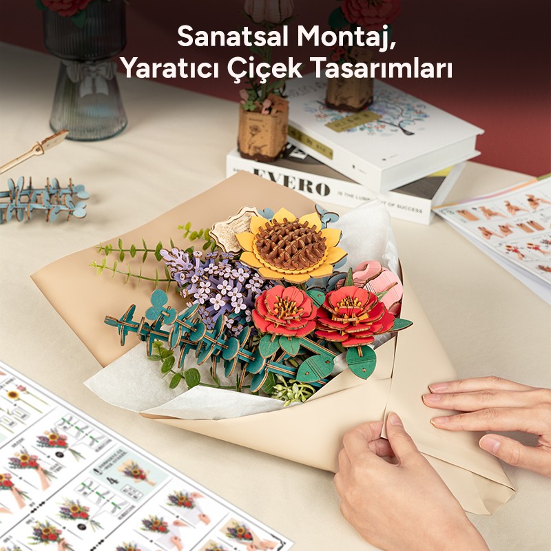 Rowood TW01H Çiçek Buketi Wooden Flower Bouquet DIY Minyatür Maket Model Seti Ahşap 3D Wooden Puzzle 3D Model Kit Detaylı Dekoratif Hobi Seti Ahşap Maket