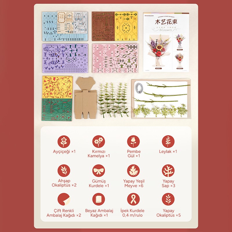Rowood TW01H Çiçek Buketi Wooden Flower Bouquet DIY Minyatür Maket Model Seti Ahşap 3D Wooden Puzzle 3D Model Kit Detaylı Dekoratif Hobi Seti Ahşap Maket