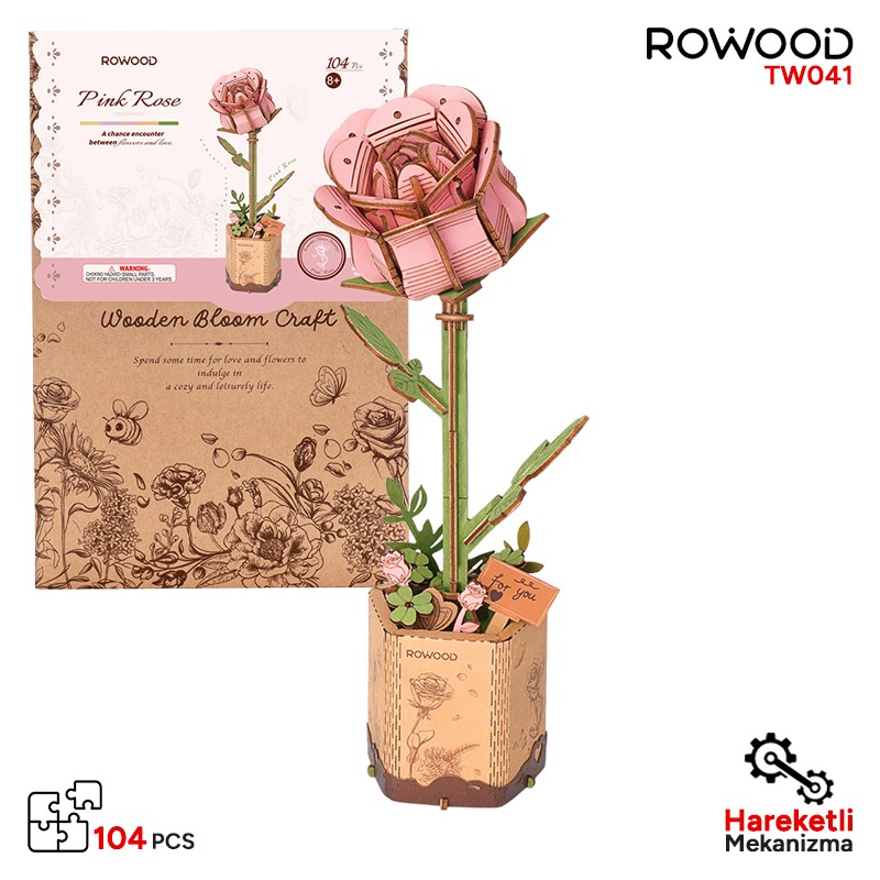 Rowood TW041 Pembe Gül (Pink Rose) DIY Minyatür Maket Model Seti Ahşap 3D Wooden Puzzle 3D Model Kit Ahşap Maket Dekoratif Hobi Seti