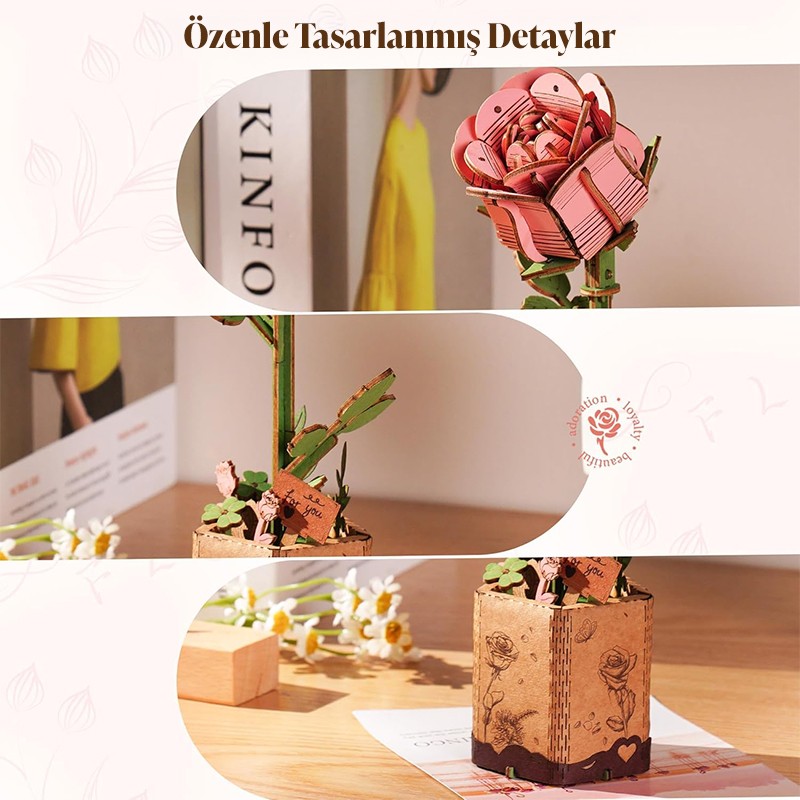 Rowood TW041 Pembe Gül (Pink Rose) DIY Minyatür Maket Model Seti Ahşap 3D Wooden Puzzle 3D Model Kit Ahşap Maket Dekoratif Hobi Seti