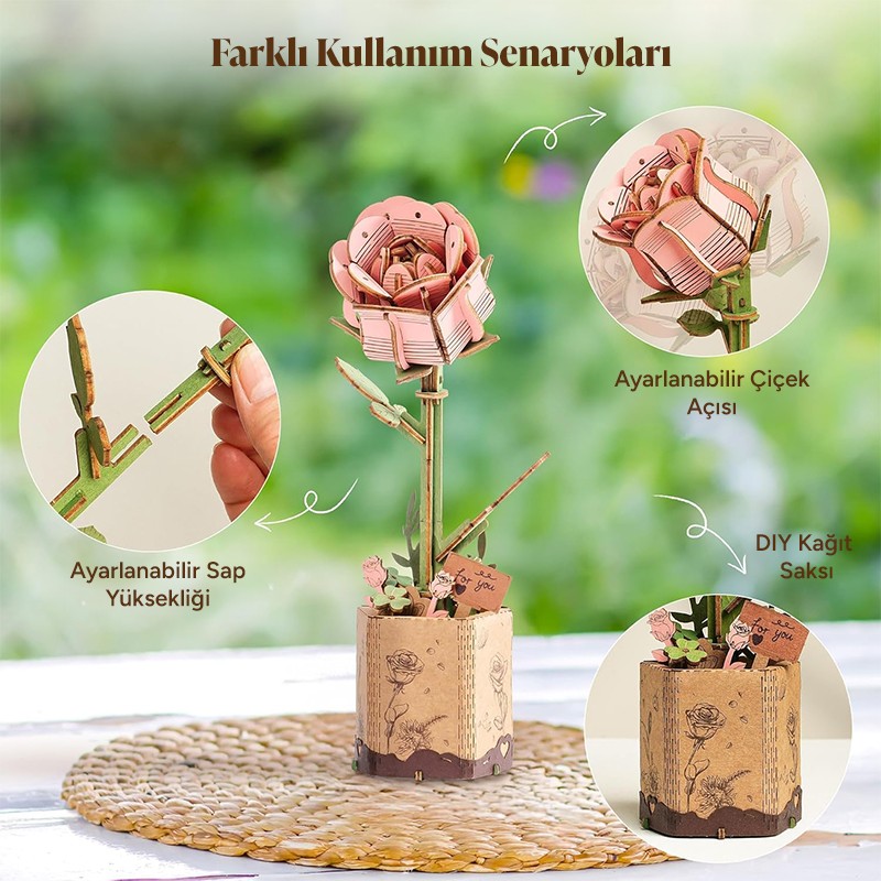 Rowood TW041 Pembe Gül (Pink Rose) DIY Minyatür Maket Model Seti Ahşap 3D Wooden Puzzle 3D Model Kit Ahşap Maket Dekoratif Hobi Seti