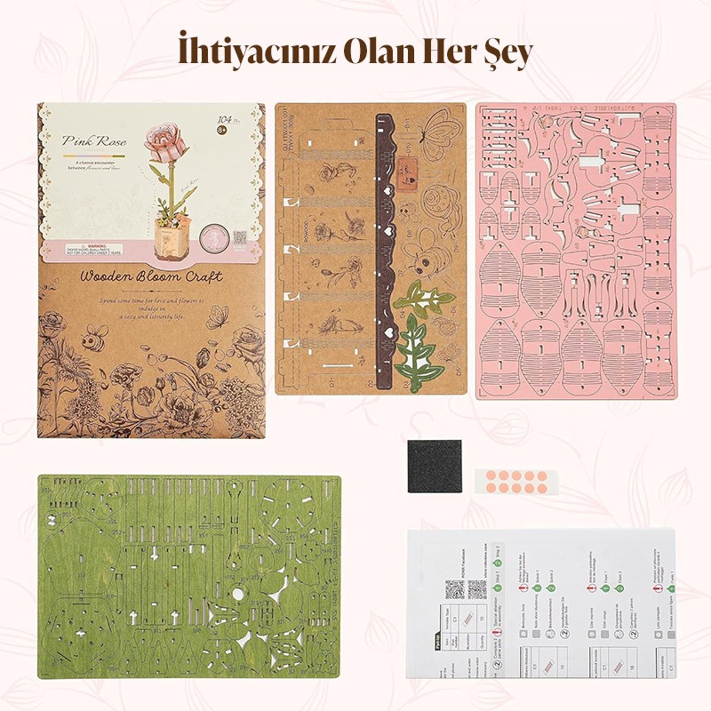 Rowood TW041 Pembe Gül (Pink Rose) DIY Minyatür Maket Model Seti Ahşap 3D Wooden Puzzle 3D Model Kit Ahşap Maket Dekoratif Hobi Seti