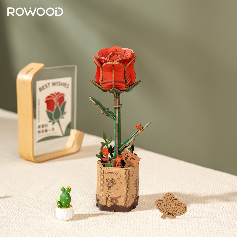 Rowood TW042 Kırmızı Gül (Red Rose) DIY Minyatür Maket Model Set Ahşap 3D Wooden Puzzle 3D Model Kit Ahşap Maket Dekoratif Hobi Seti