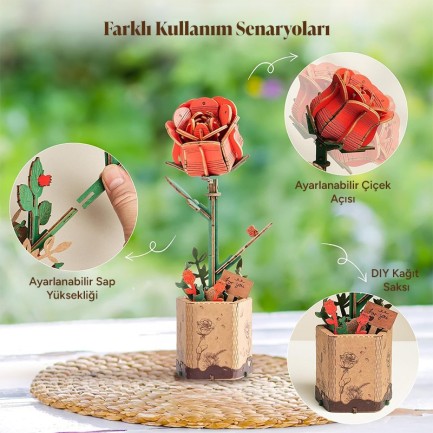 Rowood TW042 Kırmızı Gül (Red Rose) DIY Minyatür Maket Model Set Ahşap 3D Wooden Puzzle 3D Model Kit Ahşap Maket Dekoratif Hobi Seti - Thumbnail