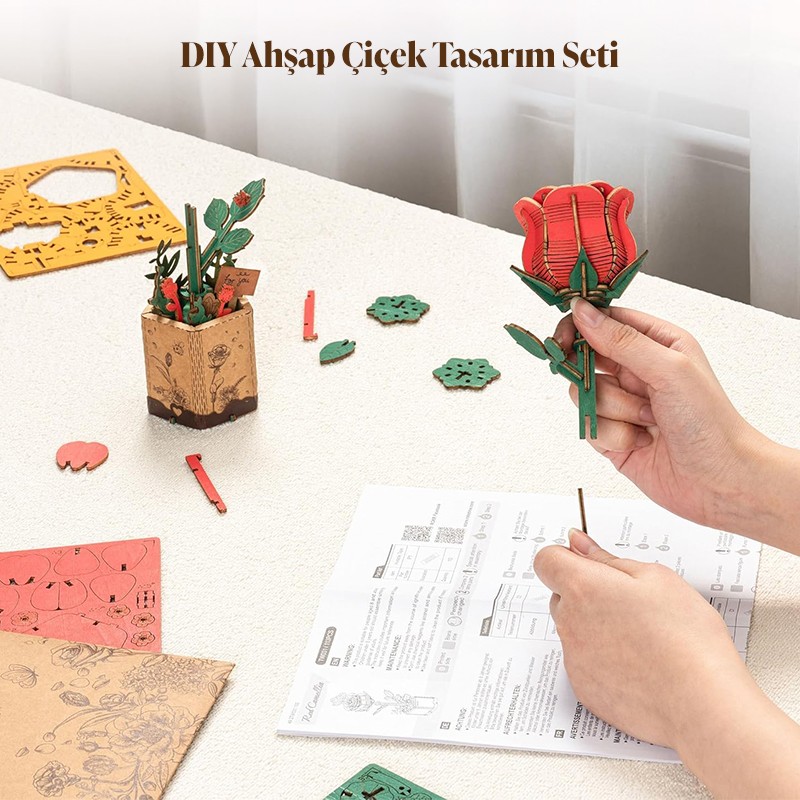 Rowood TW042 Kırmızı Gül (Red Rose) DIY Minyatür Maket Model Set Ahşap 3D Wooden Puzzle 3D Model Kit Ahşap Maket Dekoratif Hobi Seti