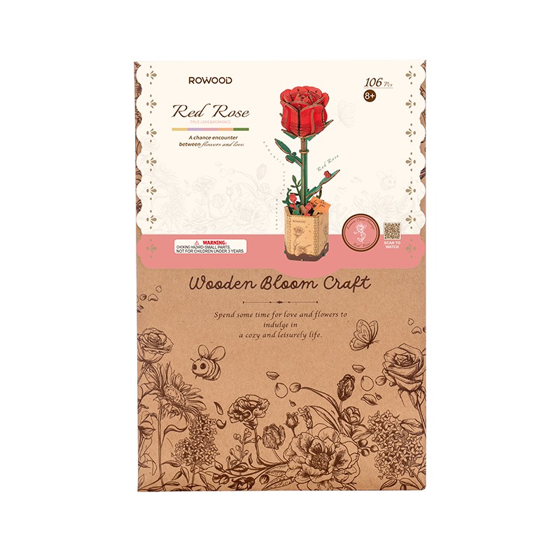 Rowood TW042 Kırmızı Gül (Red Rose) DIY Minyatür Maket Model Set Ahşap 3D Wooden Puzzle 3D Model Kit Ahşap Maket Dekoratif Hobi Seti