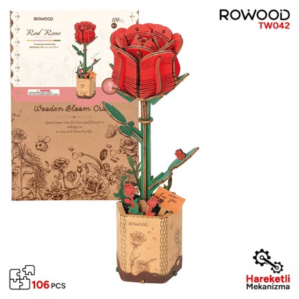 Rowood - Rowood TW042 Kırmızı Gül (Red Rose) DIY Minyatür Maket Model Set Ahşap 3D Wooden Puzzle 3D Model Kit Ahşap Maket Dekoratif Hobi Seti