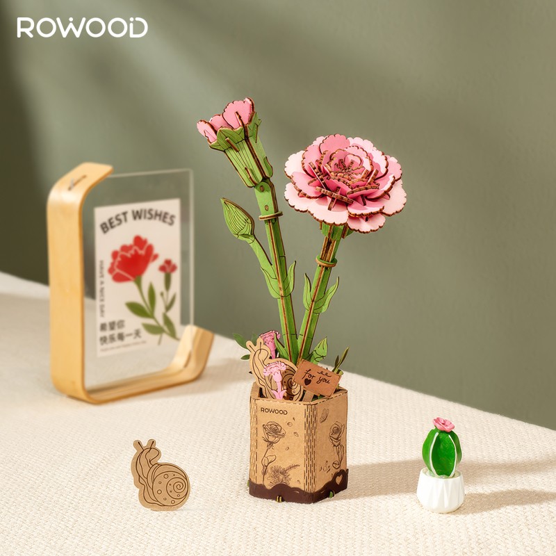 Rowood TW051 Karanfil Çiçeği Pink Carnation DIY Minyatür Maket Model Seti Ahşap 3D Wooden Puzzle Model Kit Ahşap Maket Dekoratif Hobi Seti