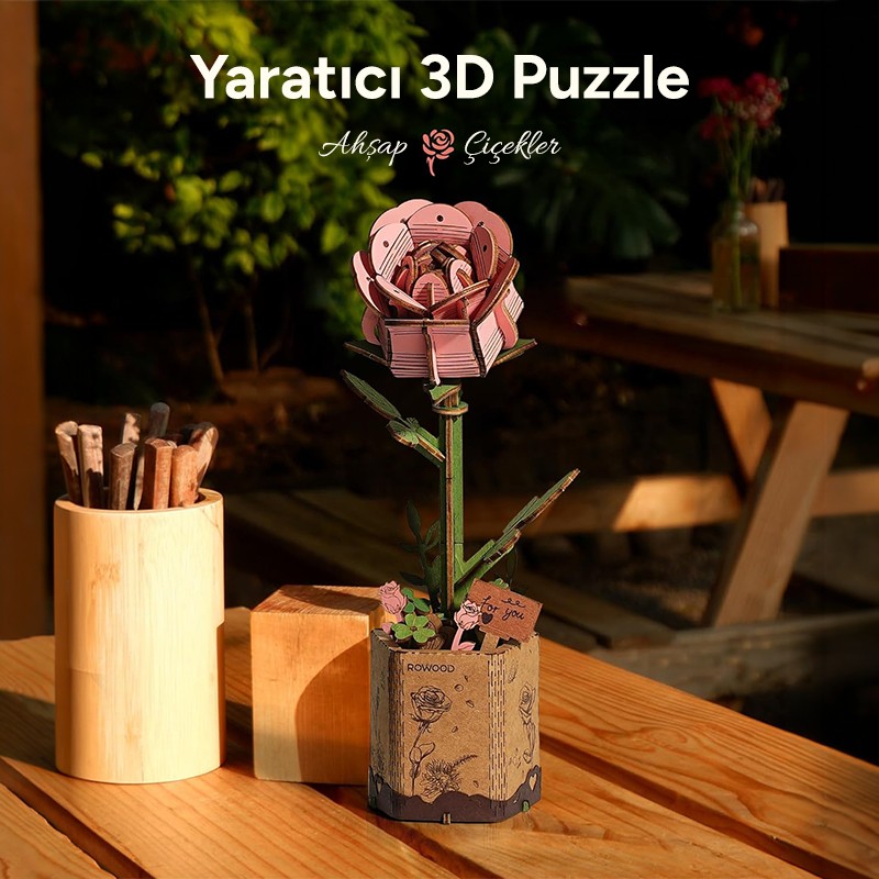 Rowood TW051 Karanfil Çiçeği Pink Carnation DIY Minyatür Maket Model Seti Ahşap 3D Wooden Puzzle Model Kit Ahşap Maket Dekoratif Hobi Seti