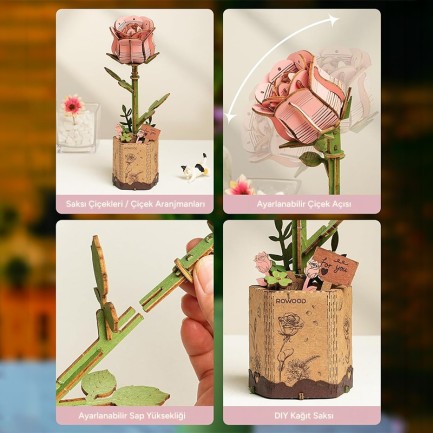 Rowood TW051 Karanfil Çiçeği Pink Carnation DIY Minyatür Maket Model Seti Ahşap 3D Wooden Puzzle Model Kit Ahşap Maket Dekoratif Hobi Seti - Thumbnail