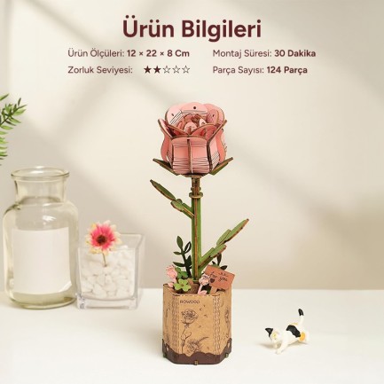 Rowood TW051 Karanfil Çiçeği Pink Carnation DIY Minyatür Maket Model Seti Ahşap 3D Wooden Puzzle Model Kit Ahşap Maket Dekoratif Hobi Seti - Thumbnail