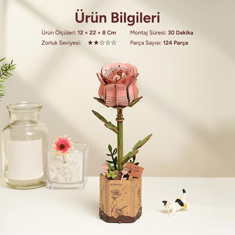 Rowood TW051 Karanfil Çiçeği Pink Carnation DIY Minyatür Maket Model Seti Ahşap 3D Wooden Puzzle Model Kit Ahşap Maket Dekoratif Hobi Seti