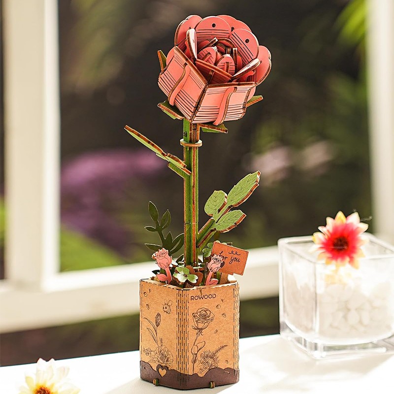 Rowood TW051 Karanfil Çiçeği Pink Carnation DIY Minyatür Maket Model Seti Ahşap 3D Wooden Puzzle Model Kit Ahşap Maket Dekoratif Hobi Seti
