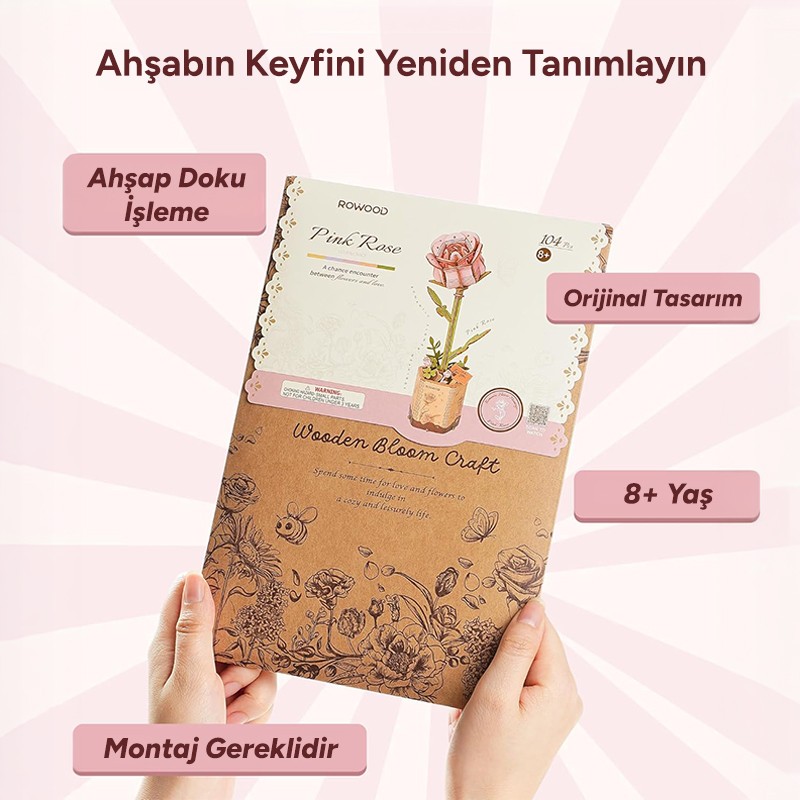 Rowood TW051 Karanfil Çiçeği Pink Carnation DIY Minyatür Maket Model Seti Ahşap 3D Wooden Puzzle Model Kit Ahşap Maket Dekoratif Hobi Seti