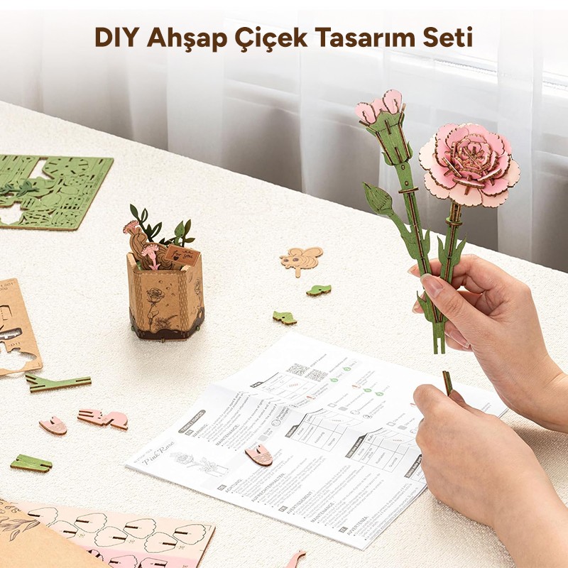 Rowood TW051 Karanfil Çiçeği Pink Carnation DIY Minyatür Maket Model Seti Ahşap 3D Wooden Puzzle Model Kit Ahşap Maket Dekoratif Hobi Seti
