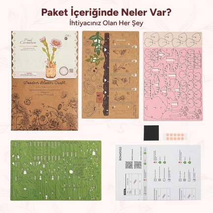 Rowood TW051 Karanfil Çiçeği Pink Carnation DIY Minyatür Maket Model Seti Ahşap 3D Wooden Puzzle Model Kit Ahşap Maket Dekoratif Hobi Seti - Thumbnail