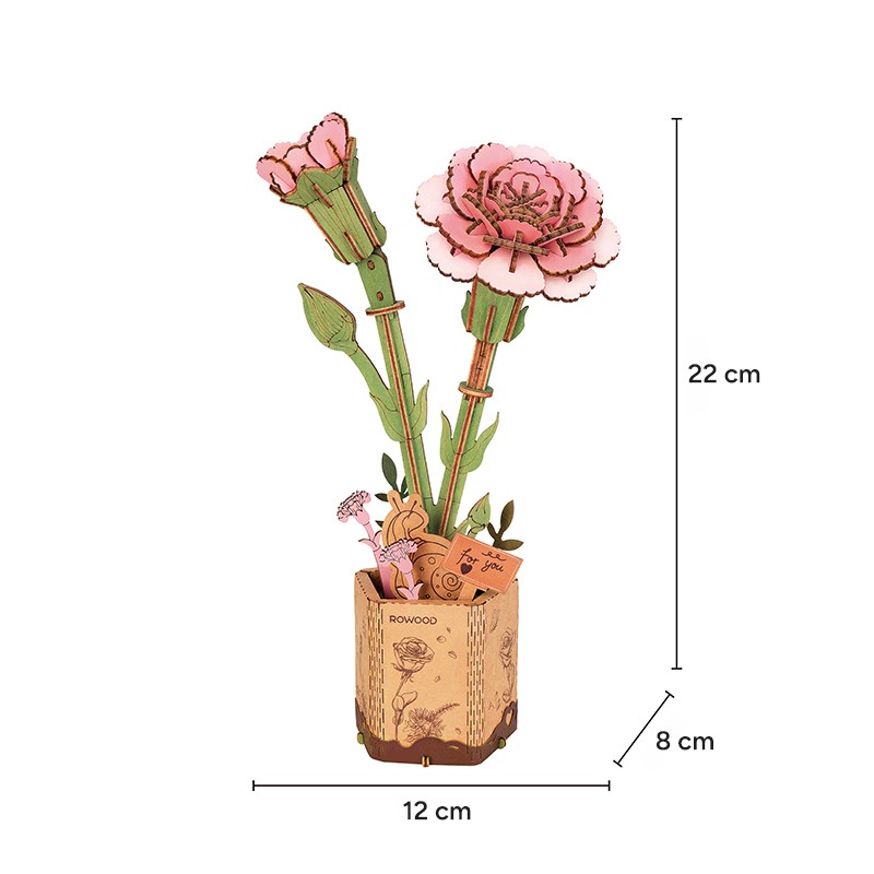 Rowood TW051 Karanfil Çiçeği Pink Carnation DIY Minyatür Maket Model Seti Ahşap 3D Wooden Puzzle Model Kit Ahşap Maket Dekoratif Hobi Seti