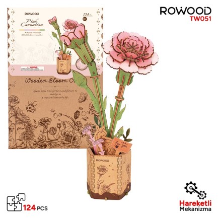 Rowood - Rowood TW051 Karanfil Çiçeği Pink Carnation DIY Minyatür Maket Model Seti Ahşap 3D Wooden Puzzle Model Kit Ahşap Maket Dekoratif Hobi Seti