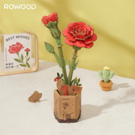 Rowood TW052 Red Carnation 3D Wooden Puzzle - Thumbnail