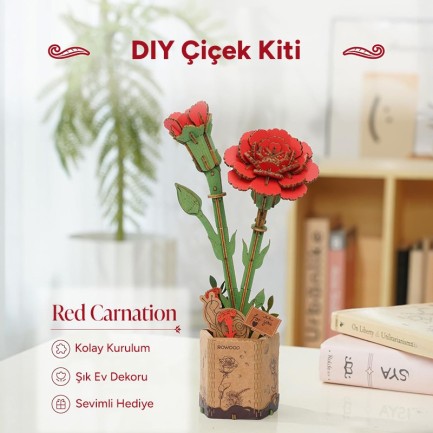 Rowood TW052 Red Carnation 3D Wooden Puzzle - Thumbnail