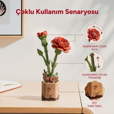 Rowood TW052 Red Carnation 3D Wooden Puzzle - Thumbnail