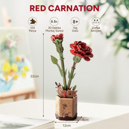 Rowood TW052 Red Carnation 3D Wooden Puzzle - Thumbnail