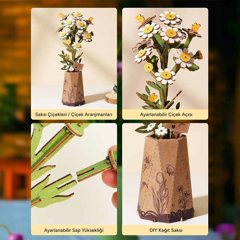 Rowood TW061 Papatya Çiçeği Chamomile DIY Minyatür Maket Model Seti Ahşap 3D Wooden Puzzle Model Kit Ahşap Maket Dekoratif Hobi Seti