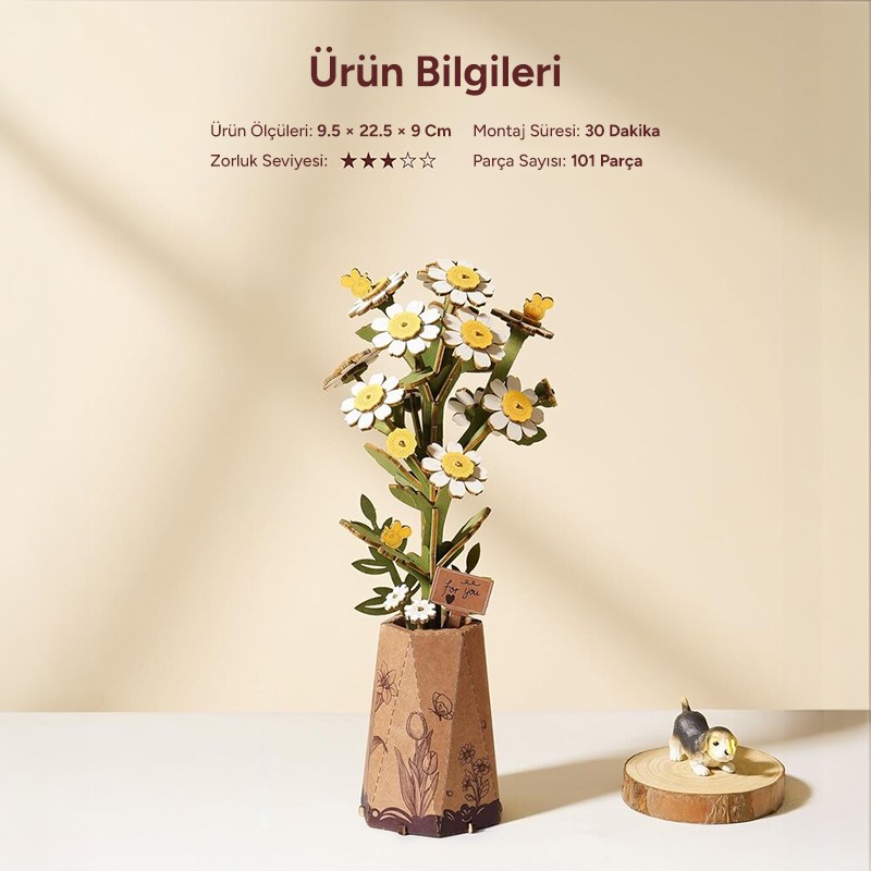 Rowood TW061 Papatya Çiçeği Chamomile DIY Minyatür Maket Model Seti Ahşap 3D Wooden Puzzle Model Kit Ahşap Maket Dekoratif Hobi Seti